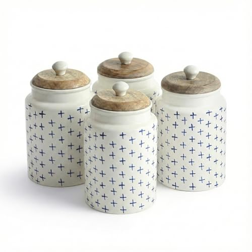 Image of ExclusiveLane 'StarMark' Airtight Ceramic Jars for Kitchen Storage (Set of 4, Each Jar Capacity : 670 ml, 18 Cm) |Ceramic Jar with Wooden Lid Salt Jars Multi-Utility Snacks Jars & Containers