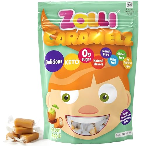 Zolli Caramelz Sugar-Free Candy - Creamy, Chewy, Dye-Free, Keto & Diabetic-Friendly Healthy Candy, Dentist-Approved Treats for Kids (Apple Green, 5 oz)