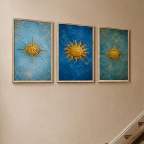 Image of Livin'luxe Set of 3 Golden Sun Abstract Wall Paintings for Living Room Bedroom Hallway Home Decor with Premium Wooden Color Synthetic Frame (13.5 x 19.5 Inch) NM03-71