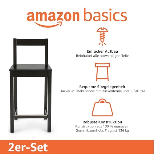 Amazon Basics Küchenhocker aus Holz, Barhocker mit Rückenlehne, Esszimmerstuhl, einfache Montage, modern, 2 Stück, 88 cm hoch, Schwarz