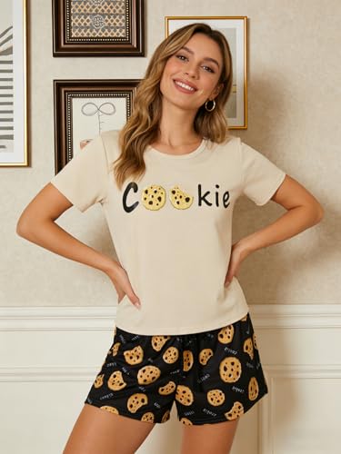 Image of VENTELAN Pajama Set For Women Cute PJS Summer Short Sleeve Shorts Sleepwear