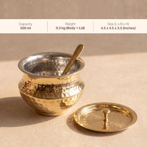 Image of P-TAL Handcrafted Brass Ghee Pot with Kalai Coating, 500ml, Wide Mouth, with Lid and Spoon, Traditional Storage Jar