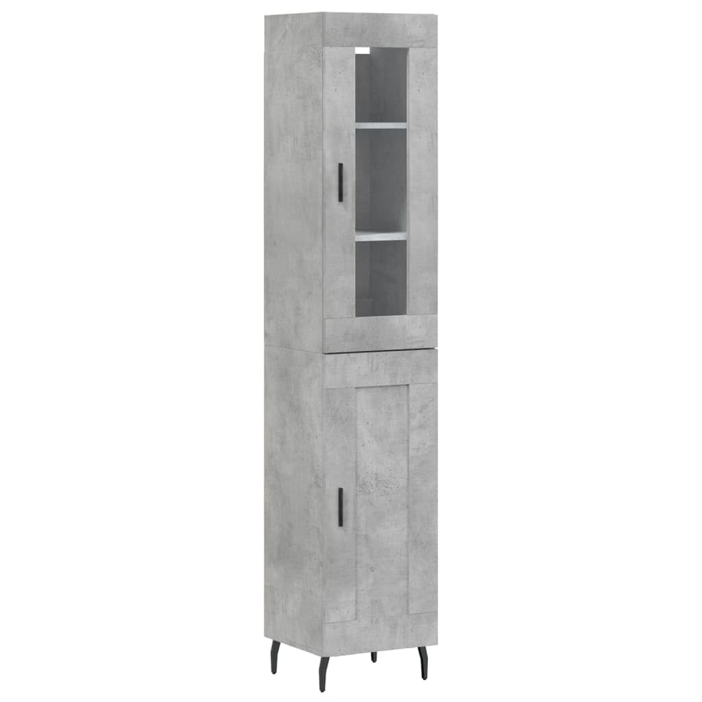 Générique Bufet wysoki szary betonowy 34,5 x 34 x 180 cm z drewna inżynieryjnego, wąska szafka do przechowywania z praktycznymi drzwiami i żelaznymi nogami, duża przestrzeń do przechowywania do