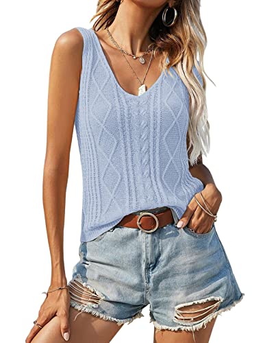 Image of Soulomelody Womens Summer V Neck Tops Knitted Sleeveless Tank Top Cable Knit Sweater Vest Casual Solid Tee Shirts