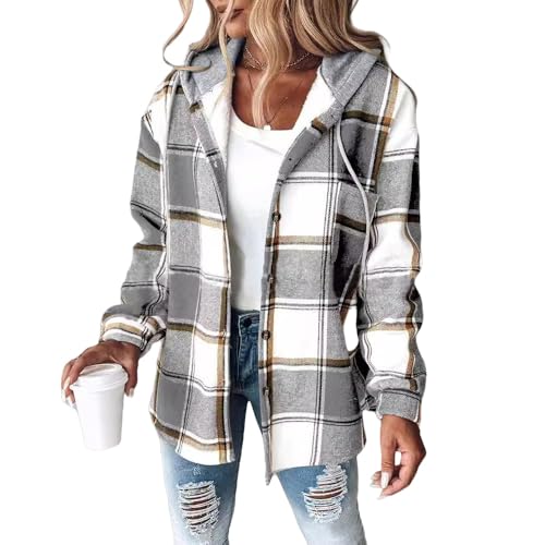 Karierte Hemden mit Kapuze für Damen, lässige Langarm, Herbst-Outfits für Damen 2025 (Hellgrau kariert,L)