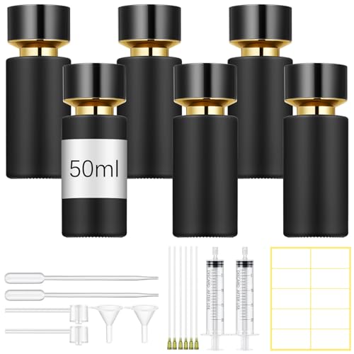 6 Pack 50 ml Glass Perfume Bottles and Refill Tools Set, Travel Perfume Atomizer Spray Bottles, Portable Empty Refillable Atomizer Decanters with Dispenser Transfer Kit (Black)