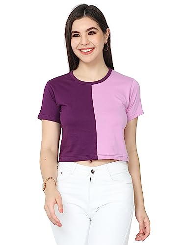 Image of FLEXIMAA Women's Cotton Plain Round Neck Half Sleeve Crop Top