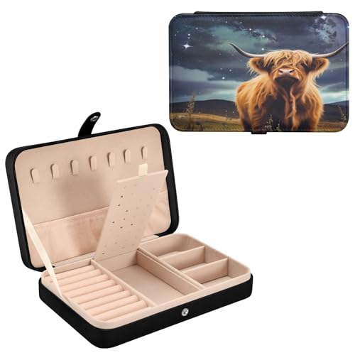 Haskirky Highland Cattle Pattern Jewelry Box Portable PU Leather Travel Jewelry Organize for Women Jewelry Storage Display Holder for Ring, Necklace, Earring