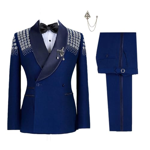 2 Piece Slim Fit Men's Suits Diamonds Tuxedo for Men One Button Blazer Pants Wedding Prom Suits Set Sailing Brooch
