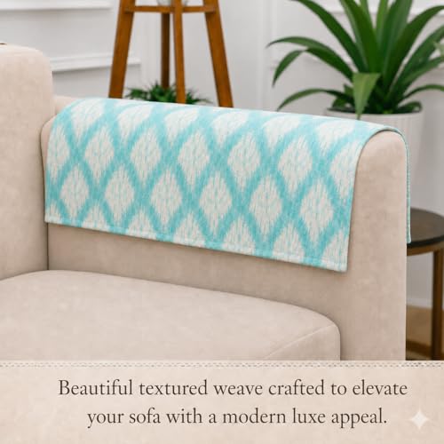 Image of STITCHNEST 'Verdant Ikat Stories' Sofa Armrest Cover | Elegant Jacquard Fabric, Washable & Durable for Modern Living (18 x 22 Inches)