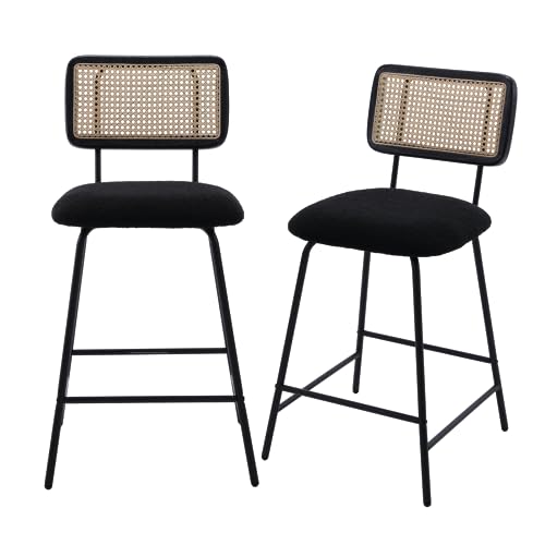 Image of Bar Stools Set of 2, 26 inch Modern Rattan Counter Height Bar Stools with Metal Legs, Upholstered Sherpa Barstools with Cane Backrest for Kitchen Home Bar Restaurant, Black
