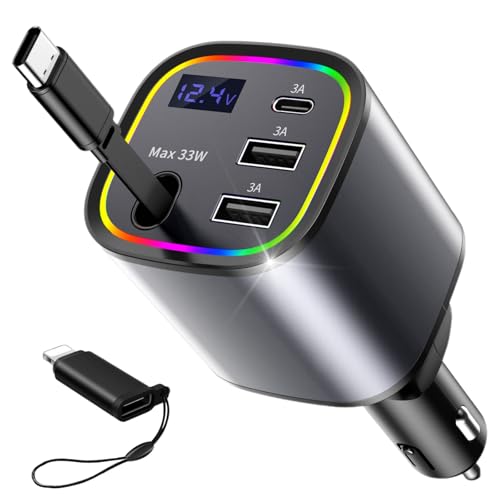 Retractable Car Charger, 4 in 1 Fast Car Charger 78W, with Type C, 2 USB-A Ports and 1 USB-C Port for Fast Charging, Compatible with iPhone 16/15/14/13/12/11, Galaxy, Pixel (Grey)
