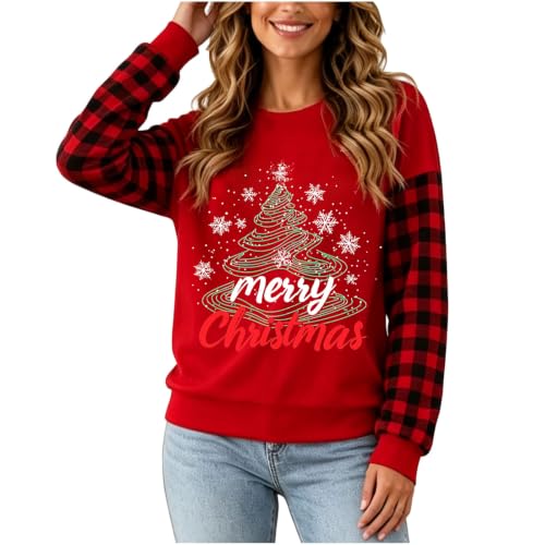 YNCSZEC Vintage Christmas Sweatshirts Women Casual Plaid Long Sleeve Pullover Crewneck Printed Xmas Sweaters Tops Red christmas sweatshirts for women M - image 1