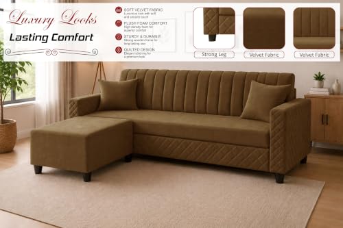 Image of 3 Seater Velvet Sofa with Ottoman | Modern Upholstered Couch | Quilted Design | Soft Comfortable Seating | Sturdy Wooden Frame | Living Room, Office - Golden