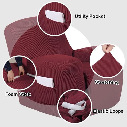 Christmas Recliner Chair Cover 1-Piece Recliner Cover Soft Stretch Sofa Cover for Recliner Chair Recliner Slipcovers for Living Room Soft Jacquard Recliner Protector with Side Pocket,Burgundy Red by Turquoize - Image 3
