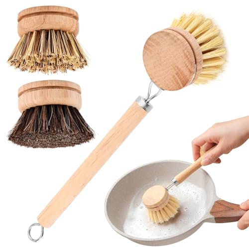 Image of Bamboo Dish Brush with Handle,Natural Kitchen Brushes with 3pcs Replacement Heads, Horsehair, Sisal, Palm,All Purpose Kitchen Scrub Brush,Fruit and Veggie Brush Scrubber