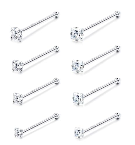 VALDEAS 20G Nose Ring Studs CZ Nose Studs 925 Sterling Silver Nose Studs for Women 8 Pcs Bone Nose Rings Set Austrian Cubic Zirconia Nose Piercing Jewelry Round Square Shapes Nose Stud 1.5/2/2.5/3MM