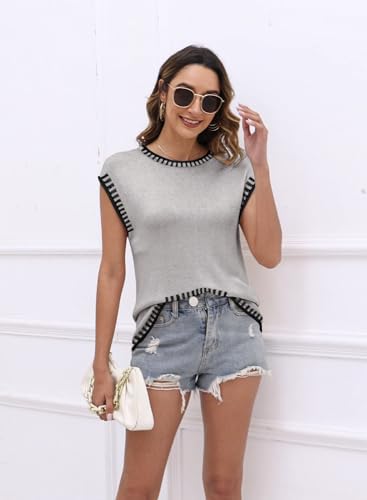Image of ETCYY Cap Sleeve Sweater Tops Sleeveless Vest Summer Shirts Trendy 2024 Tank Tops Spring Clothes Striped Knitted Tops