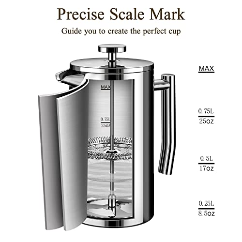BAYKA French Press Coffee Tea Maker 34oz, 1 Liter Stainless Steel Insulated Coffee Press with 4 Filter Screens, Rust-Free, Dishwasher Safe, Silver