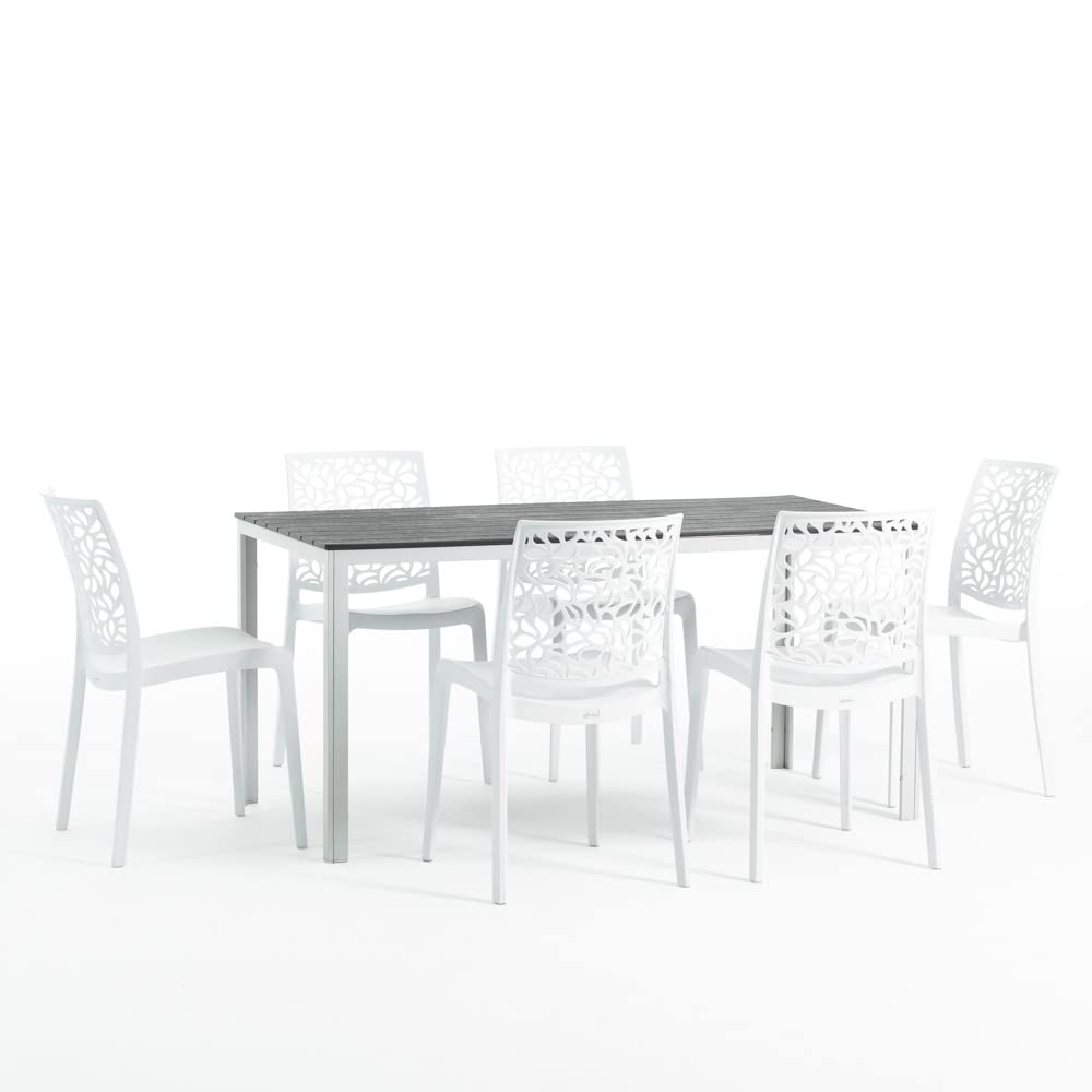 Set pranzo da giardino o esterno per 6 persone, tavolo in acciaio verniciato con doghe in polietilene effetto legno Bianco/Ardesia, 6 sedie in polipropilene con fibra di vetro Bianche - Thomas e Anna