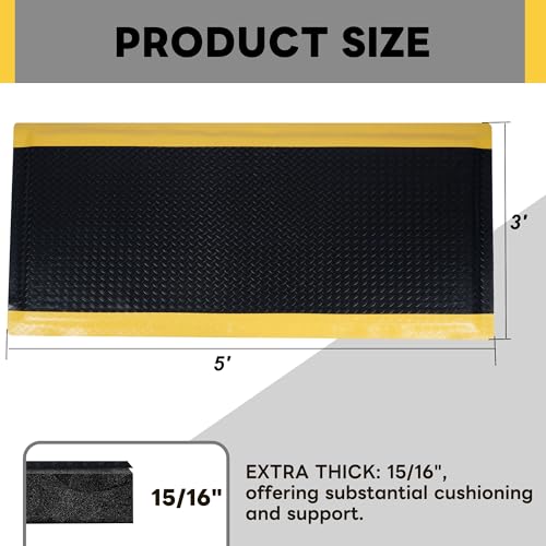 Nisorpa Anti Fatigue Mats Industrial 3\' x 5\' Ergonomic Standing Mat 15/16\" Extra Thick Cushioned Shop Floor Mats Kitchen Mats Heavy Duty Commercial Diamond Plate Support for Leg & Back Pain