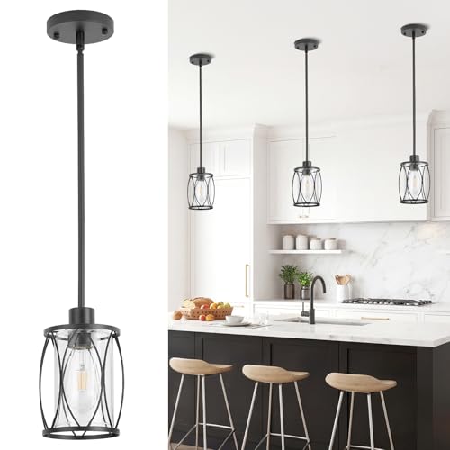 Image of Glass Pendant Lights Kitchen Island Black, 3 Pack | Pendant Light Fixtures Adjustable Farmhouse Mini Hanging Light with Clear Glass for Sink Dining Room Foyer Entryway