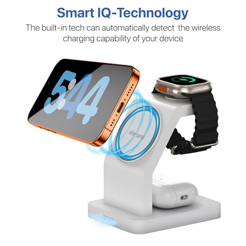 Image of eller sante Combo 3in1 23W Magnetic Mag-Safe Wireless Charger with 20W Fast Charger Adapter for iPhone 17 /17 Air /17 Pro /17 Pro Max, 16 /16 Plus /16 Pro /16 Pro Max, 15 /14 /13 /12, Airpods, iWatch- White