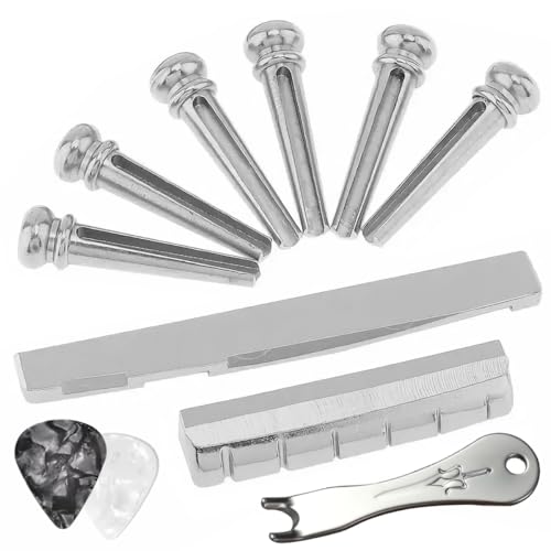 GATSUZG 6 Stück Gitarrensteg Pins Zinklegierung Akustikgitarre Steg Pins Set Ersatz Zubehör für 6-saitige Akustikgitarren, mit Sattel, Mutter, Gitarrenpins Puller, Gitarrenpick