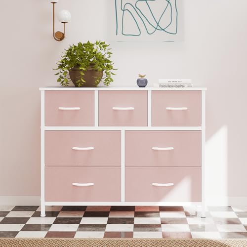 Image of OLIXIS 7 Drawers Dresser for Bedroom, Fabric Storage Tower for Living Room, Entryway - Sturdy Steel Frame, Wooden Top and Easy Pull Fabric Bins, Closet Chests Organizer for Clothes,Pink