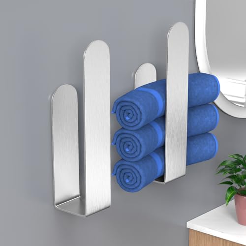 Image of HUFEEOH 2 Pack Adhesive Hand Towel Holder, Sticky Towel Bar Towel Holder Wall Mounted, Stainless Steel Kitchen Towel Holder Hand Towel Rack for Bahtroom Hotel RV Kitchen (Silver)