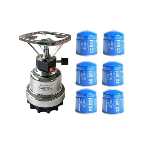 Hornillo gas Camping carcasa y placa de acero inoxidable + 6 cartuchos de gas 190 gr