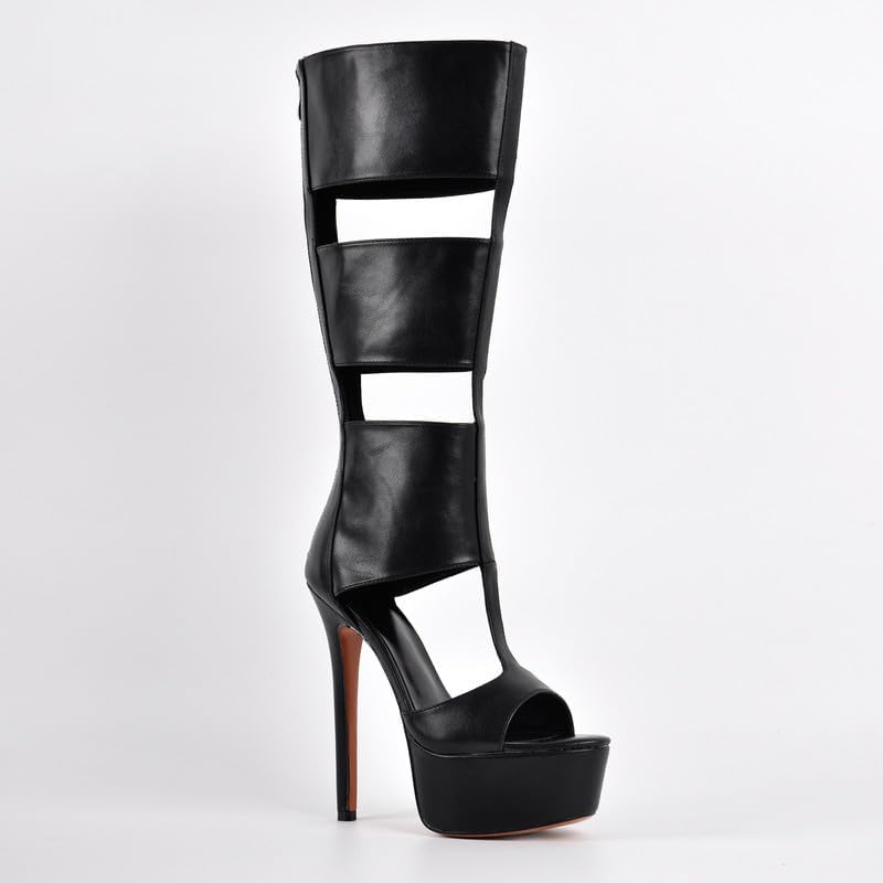 Richealnana Women's Gladiator Knee-High Platform Heels-Stiletto Peep Toe Boots with Back Zipper for Club,Prom,Dance,Sexy