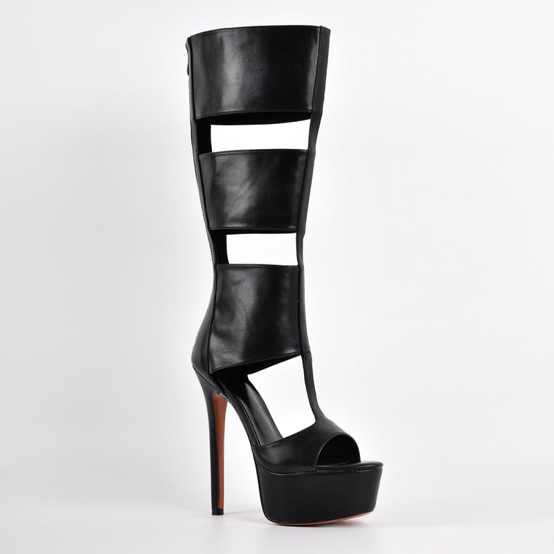Image of Richealnana Women's Gladiator Knee-High Platform Heels-Stiletto Peep Toe Boots with Back Zipper for Club,Prom,Dance,Sexy