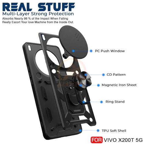 Image of Armor Bumper Back Cover Case for VIvo X200T 5G Rotating Camera Cover, Ring Holder & Kickstand | Heavy Duty & 360 Degree Protection VIvo X200T 5G Back Cover (Black)