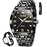 OLEVS Black Watches for Men Luxury Rectangle Stainless Steel Waterproof Analog Quartz Dress Mens Watches Fashion Square Face Tonneau Man Watch Relojes para Hombres