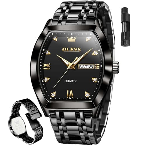 OLEVS Black Watches for Men Luxury Rectangle Stainless Steel Waterproof Analog Quartz Dress Mens Watches Fashion Square Face Tonneau Man Watch Relojes para Hombres