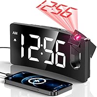Projection Alarm Clock, Digital Clock with 180° Rotatable Projector, 3-Level Brightness Dimmer, Clear LED Display, USB Charger, Progressive Volume, 9mins Snooze,12/24H, Digital Alarm Clock for Bedroom