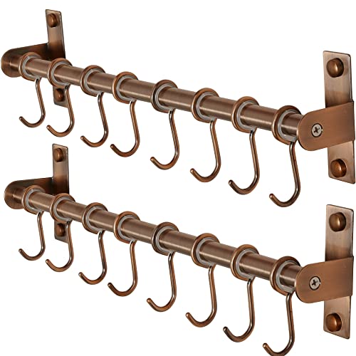 Dseap Pot Rack - Pots and Pans Hanging Rack Rail with 8 Hooks, Pot Hangers for Kitchen, Wall Mounted, Antique Copper, Pack of 2
