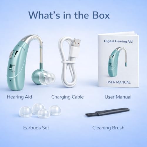 Image of Rechargeable Digital BTE Hearing Aid for Old Age with Type-C Charging for Severe to Profound Hearing Loss - Volume Control | Noise Reduction | Comfort Fit for Adults & Seniors (6 Month Warranty) (Mint-Green, For Both Ear)