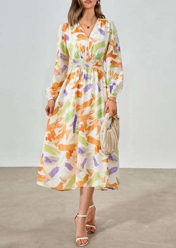 PRETTYGARDEN Women's Floral Midi Dress Casual Fall V Neck Long Sleeve Flowy Spring Beach Wedding Guest Vacation Dresses
