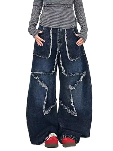 Unisex Y2K Jeans Distressed Denim Pants with Star Thigh Embroidery