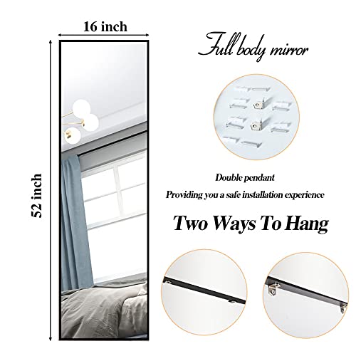 Image of LFT HUIMEI2Y Full Length Mirror 52 inchx16 inch Wall-Mounted Large Standing Hanging or Leaning Against Wall Mirror, Door Mirror Body Dressing Mirror with Aluminum Alloy Frame for Living Room, Bedroom, Black