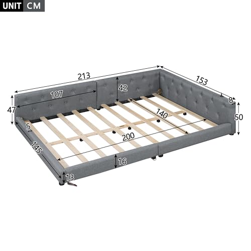 Gegtuon Schlafsofa Doppelbett Polsterbett 140x200 mit LED-Licht, USB-Bett Sofabett mit Kopfteil und Armlehnen, Tagesbett Jugendbett Bettgestell mit Lattenrost, ohne Matratze, Leinen, Grau