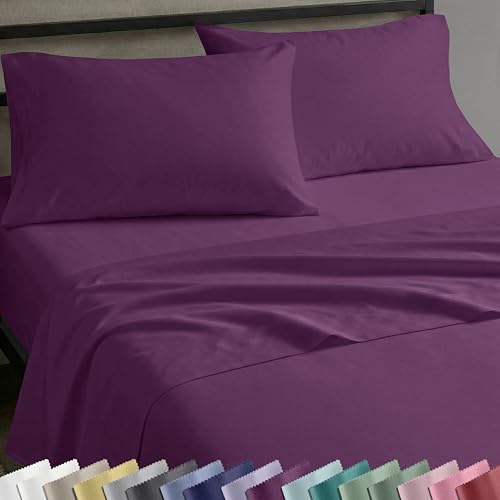 Image of California Design Den 12 inch Pocket Bed Sheets Twin Size Set - Natural 100% Cotton Sheets, Soft Sateen Weave, All Around Elastic, Breathable and Durable Bedding - Purple Passion