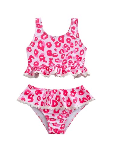 MakeMeChic Girl's Bikini Sets Cheetah Print Contrast Lace Ruffle Hem Bathing Suits