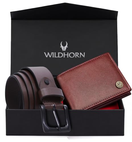 Image of WildHorn Gift Hamper for Men I RFID Protected Leather Wallet & Belt Combo Gift Set I Gift for Friend, Boyfriend,Husband,Father, Son Etc (Carob Brown & Maroon)