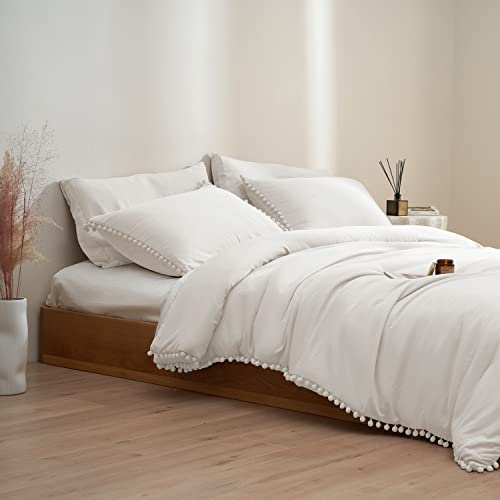 MUKKA Pom Pom Duvet Cover Bedding Set Queen Size, 3 Pieces Taupe Ball Fringe Design Stone Washed Silky Soft Brushed Microfiber, Natural Wrinkle Looking, Breathable (White, Queen(90"*90"))
