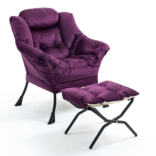 TIANSHU Sillon Relax Sillón con Reposapiés, Sillones para el Salón de Terciopelo, Butaca con Soporte para el Cuello Sillon Lectura Patas de Metal Butaca Dormitorio Sillón Tapizado (Morada)