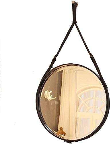 Espejo cosmético 60cm Espejo redondo con cinta, montaje en pared moderno marco de cuero espejo para dormitorio, baño y sala de estar, negro y marrón|Código de mercancía: LJW-700