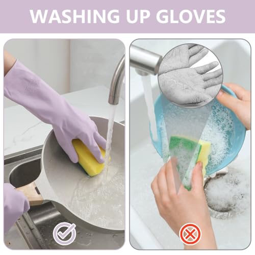 AUAUY 3Par Reutilizables Guantes Limpieza Hogar, Antideslizantes Guantes Limpieza Sin Olor, Impermeables Guantes Largos con Palma en Relieve para Limpieza Cocina, LavanderíA (Verde+Naranja+Morado, S) - imagen 6